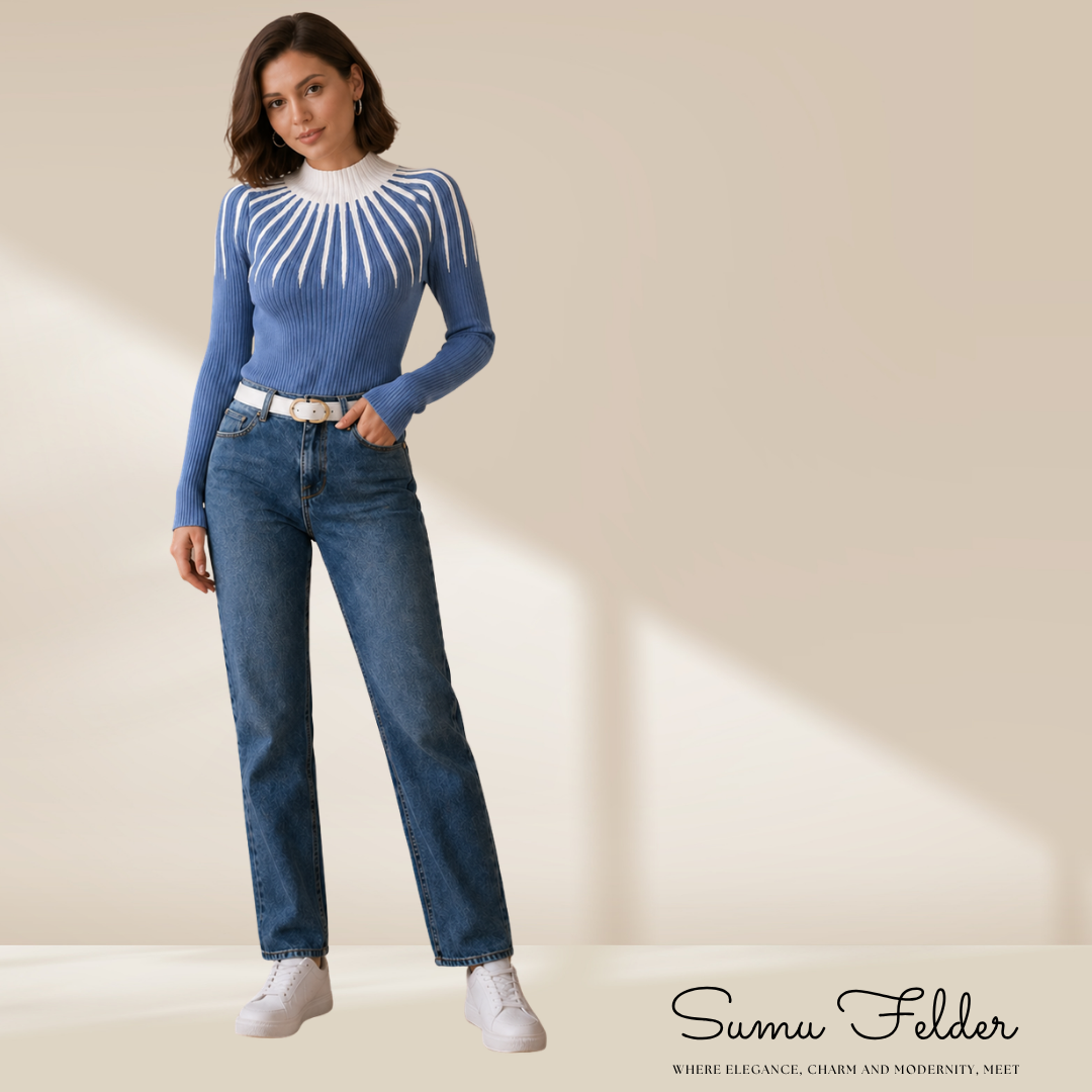 Women’s Ribbed Knit Sweater Top, Long Sleeve Slim Fit High Neck Pullover, Chic Elegant Blouse in Beige Black or Steel Blue