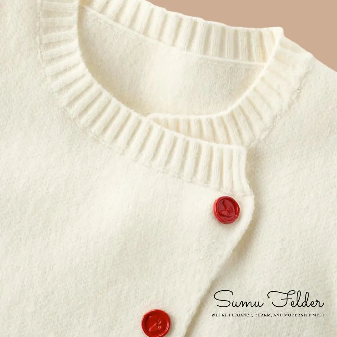 Chic Off-White Knit Cardigan with Red Accents | Cozy Modern Sweater