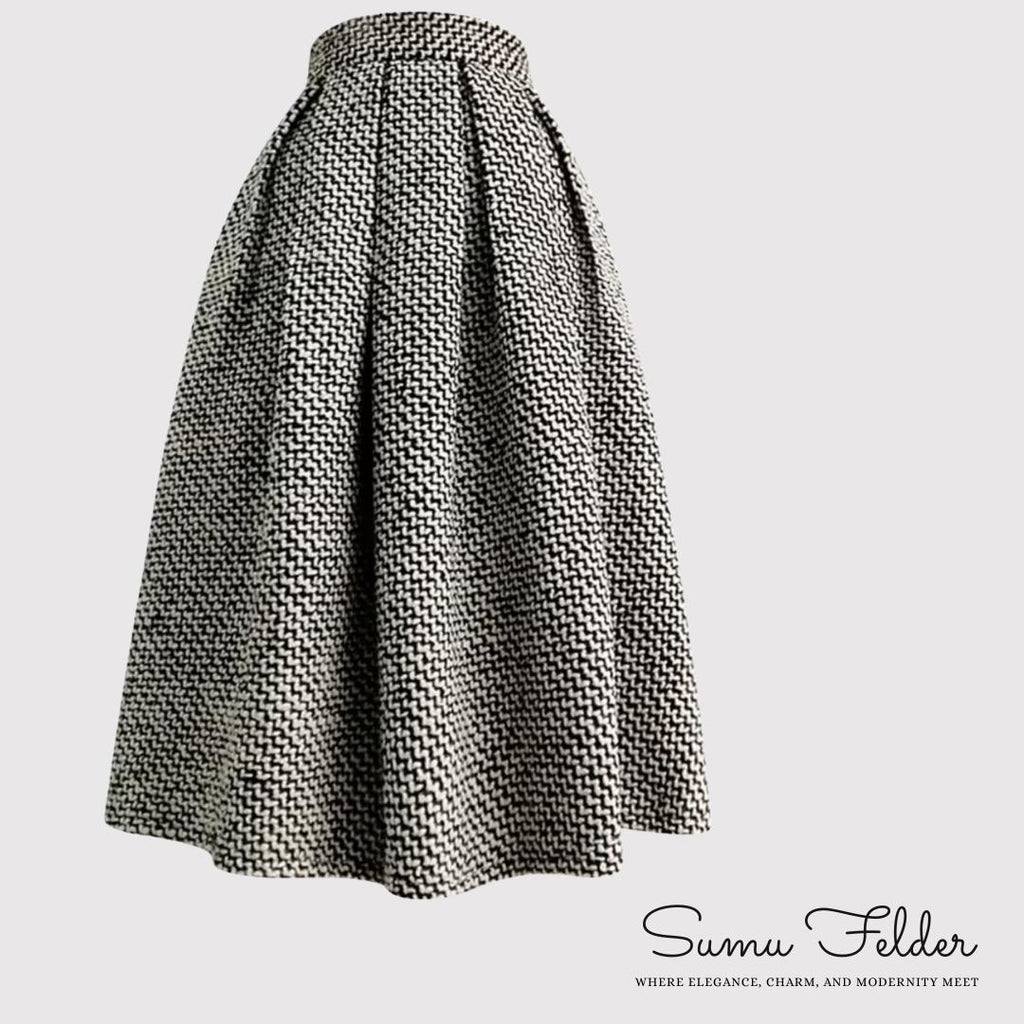 Vintage High-Waisted Wool Midi Skirt | Elegant Black and White Pleated Winter Skirt | Classic A-Line Tweed Skirt