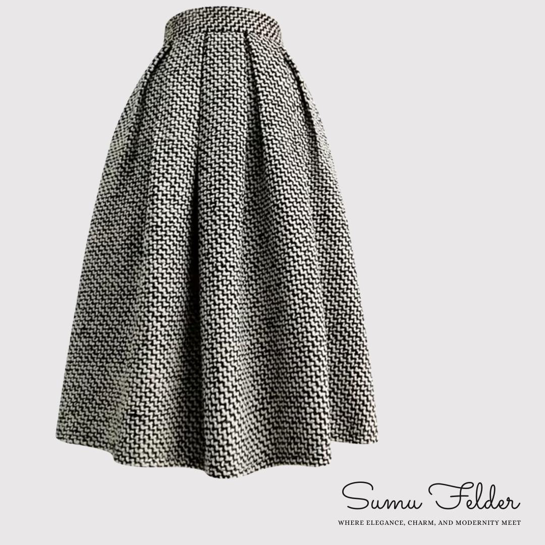 Vintage High-Waisted Wool Midi Skirt | Elegant Black and White Pleated Winter Skirt | Classic A-Line Tweed Skirt