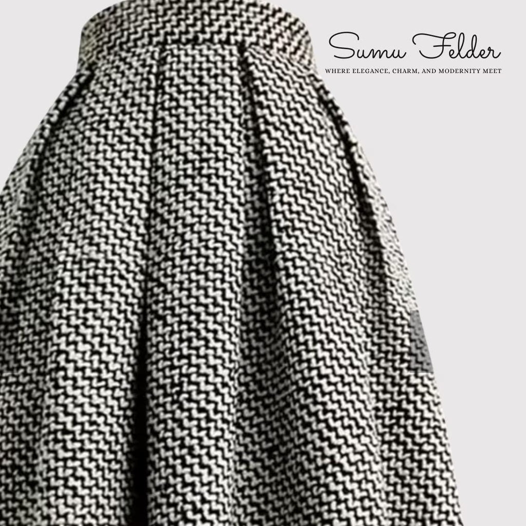 Vintage High-Waisted Wool Midi Skirt | Elegant Black and White Pleated Winter Skirt | Classic A-Line Tweed Skirt