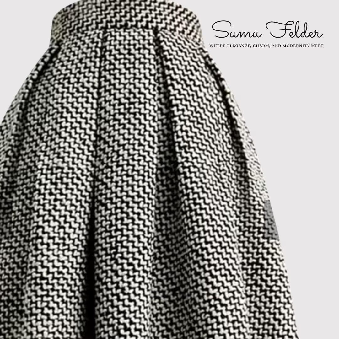 Vintage High-Waisted Wool Midi Skirt | Elegant Black and White Pleated Winter Skirt | Classic A-Line Tweed Skirt