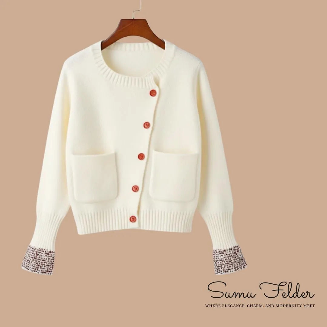Chic Off-White Knit Cardigan with Red Accents | Cozy Modern Sweater