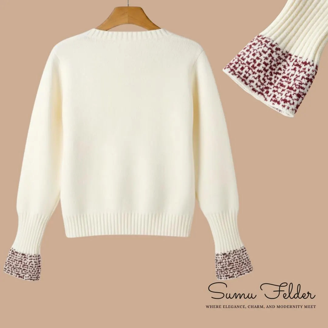 Chic Off-White Knit Cardigan with Red Accents | Cozy Modern Sweater