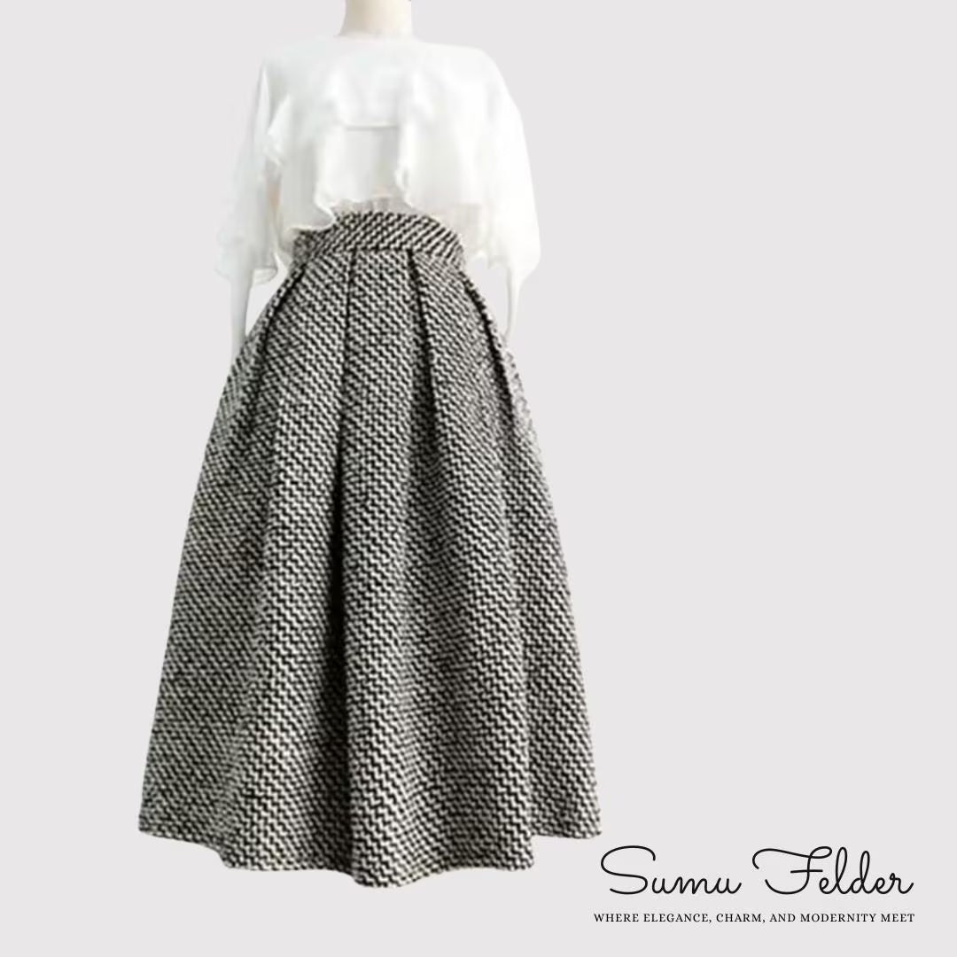 Vintage High-Waisted Wool Midi Skirt | Elegant Black and White Pleated Winter Skirt | Classic A-Line Tweed Skirt