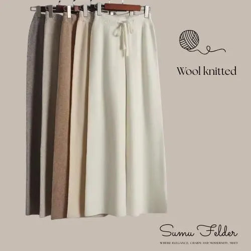 Cozy Wool Knitted Wide Leg Pants for Women | High Waist Winter Lounge Trousers | Minimalist Comfy Knitwear Bottoms for Everyday Style