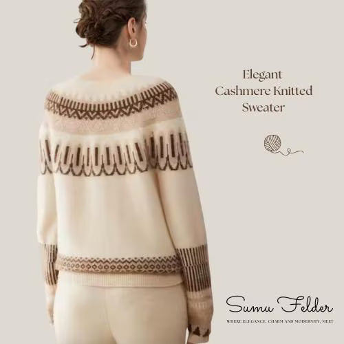 Elegant Cashmere Knitted Sweater for Women | Soft Winter Pullover with Nordic Pattern | Cozy Warm Knitwear for Stylish Cold-Weather Outfits