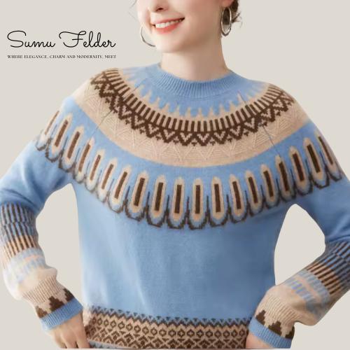 Elegant Cashmere Knitted Sweater for Women | Soft Winter Pullover with Nordic Pattern | Cozy Warm Knitwear for Stylish Cold-Weather Outfits