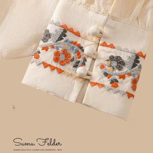 Embroidered Floral Cotton Linen Blouse for Women | Boho Chic Long Sleeve Button Down Top