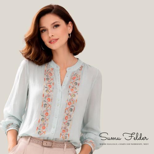 Embroidered Floral Cotton Linen Blouse for Women | Boho Chic Long Sleeve Button Down Top