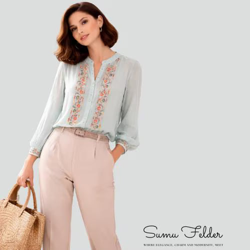 Embroidered Floral Cotton Linen Blouse for Women | Boho Chic Long Sleeve Button Down Top