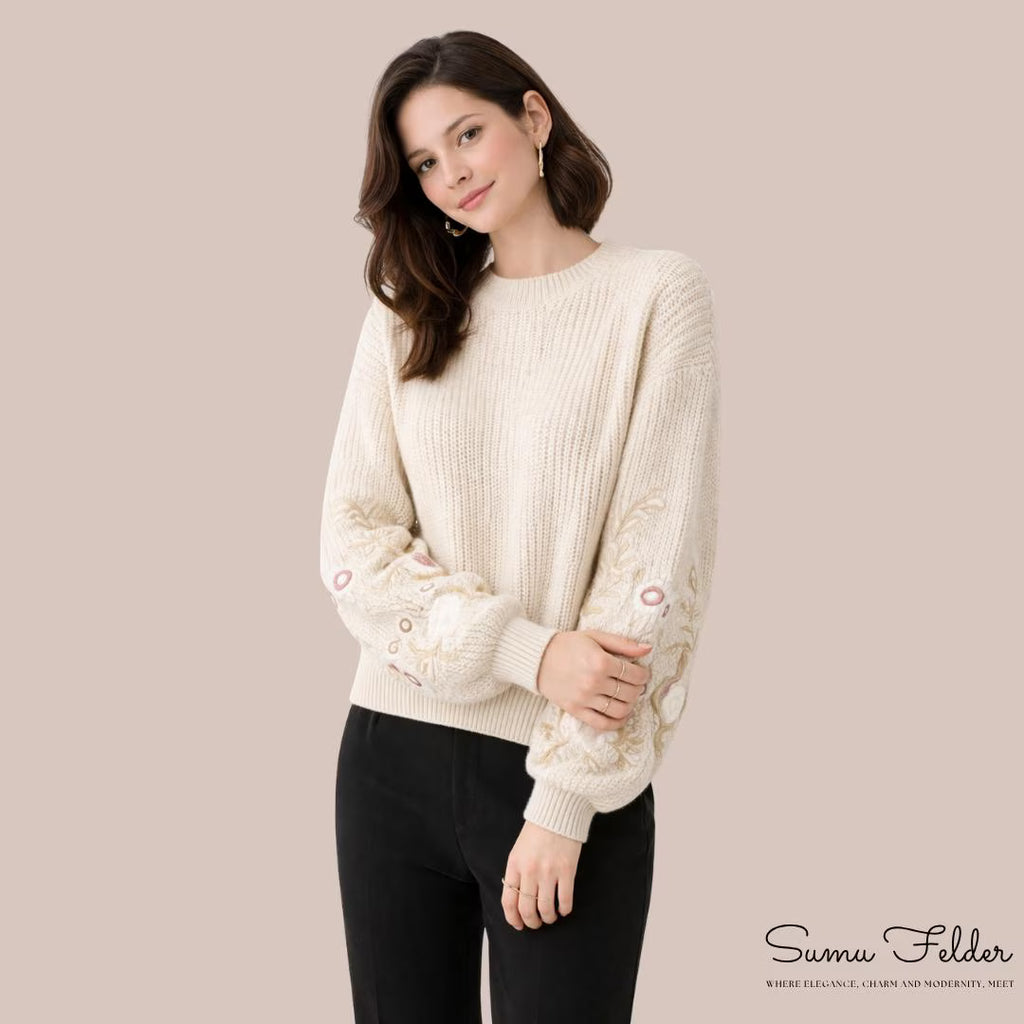 Embroidered Knit Sweater: Women's Floral Sleeve Pullover - Autumn Winter Fashion