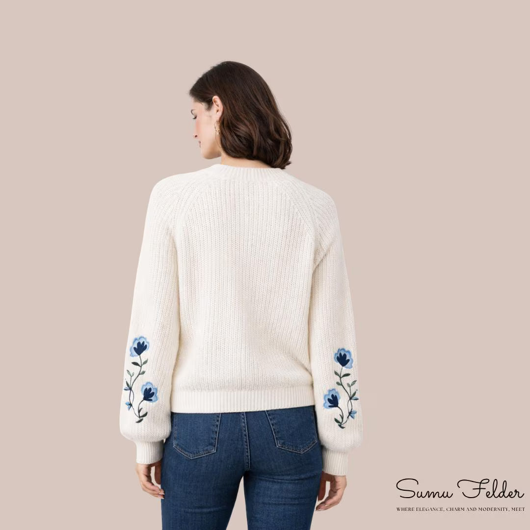Embroidered Knit Sweater: Women's Floral Sleeve Pullover - Autumn Winter Fashion