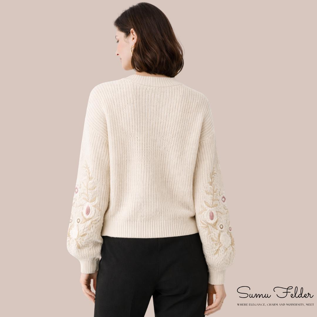 Embroidered Knit Sweater: Women's Floral Sleeve Pullover - Autumn Winter Fashion