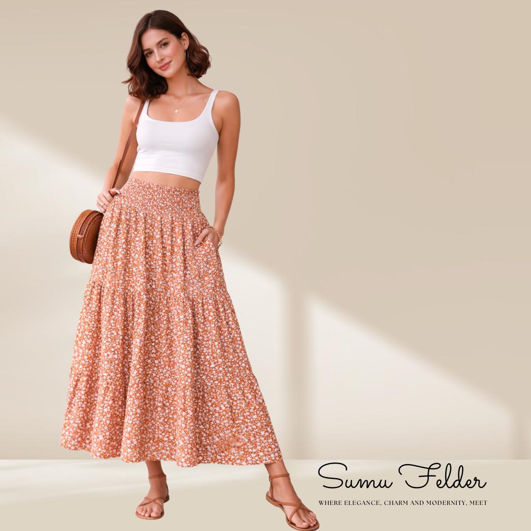 Summer Boho Skirt for Women – Long A-Line Floral Maxi Skirt, High Waisted, Flowy with Pockets, Holiday Outfit