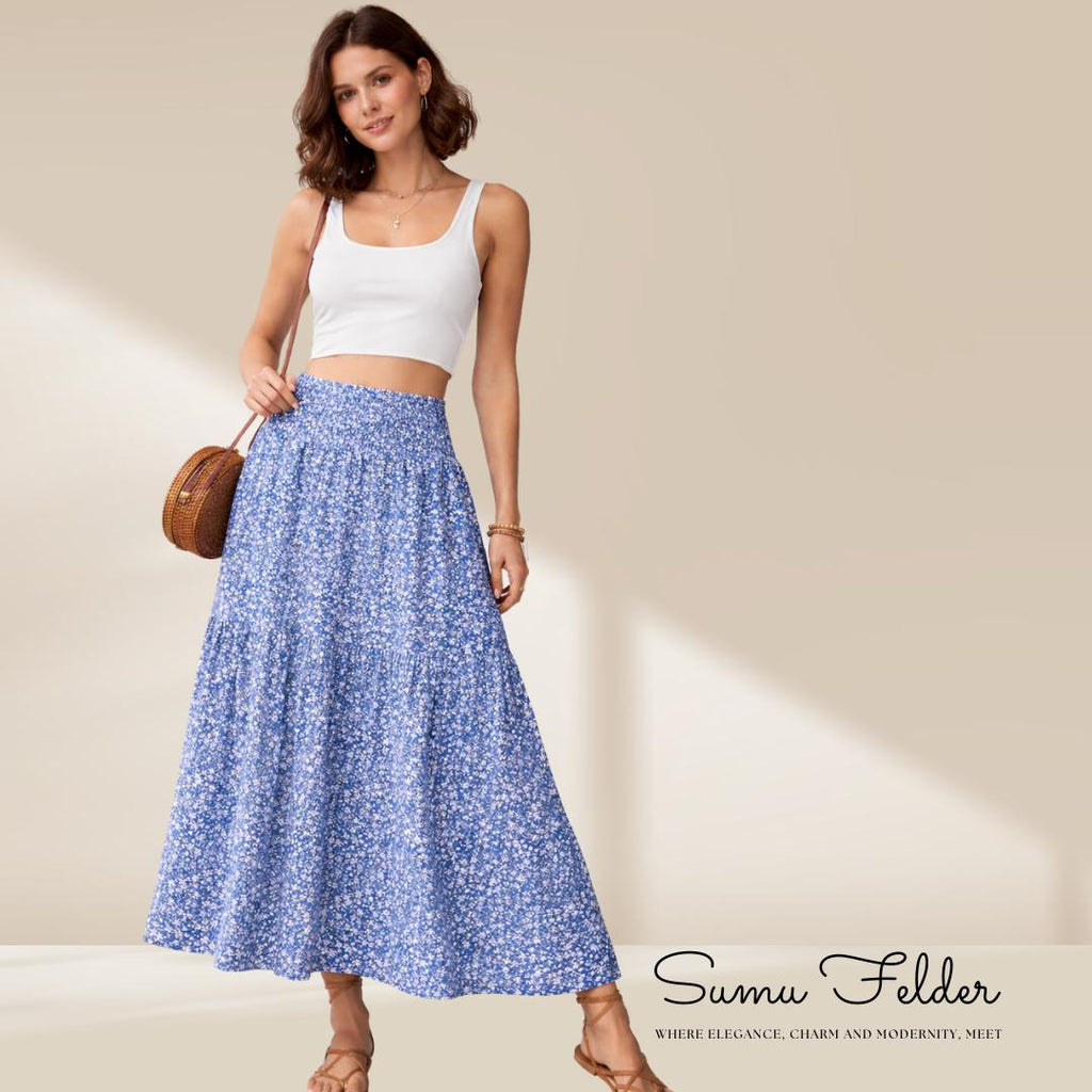 Summer Boho Skirt for Women – Long A-Line Floral Maxi Skirt, High Waisted, Flowy with Pockets, Holiday Outfit