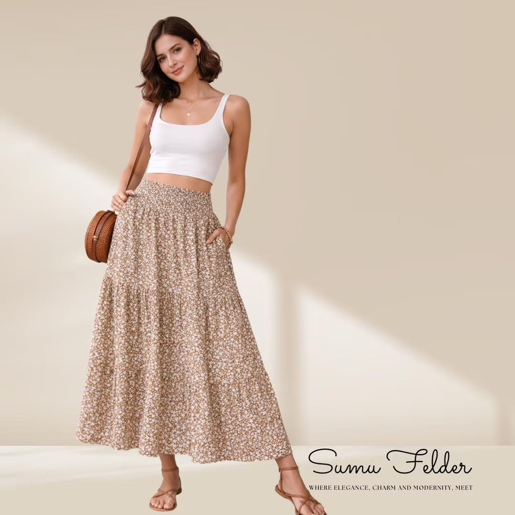 Summer Boho Skirt for Women – Long A-Line Floral Maxi Skirt, High Waisted, Flowy with Pockets, Holiday Outfit