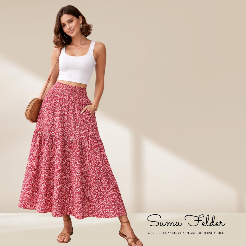 Summer Boho Skirt for Women – Long A-Line Floral Maxi Skirt, High Waisted, Flowy with Pockets, Holiday Outfit