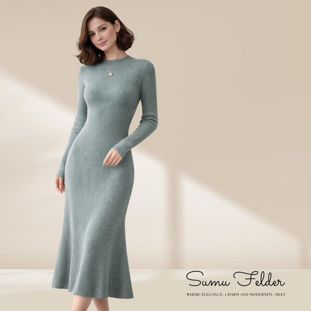 Merino Wool Knit Dress: Elegant Long Sleeve Autumn Outfit