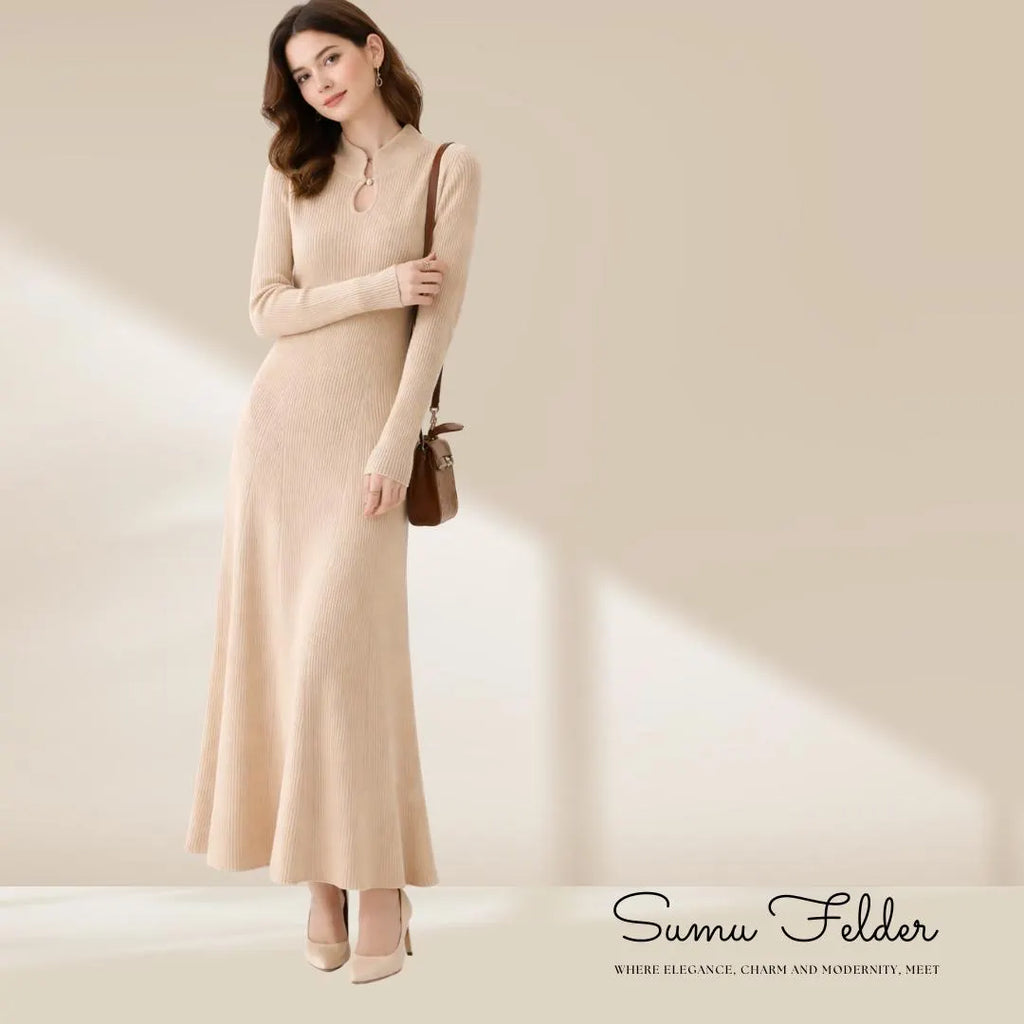 Merino Wool Knit Midi Dress: Elegant Long Sleeve Sweater Dress