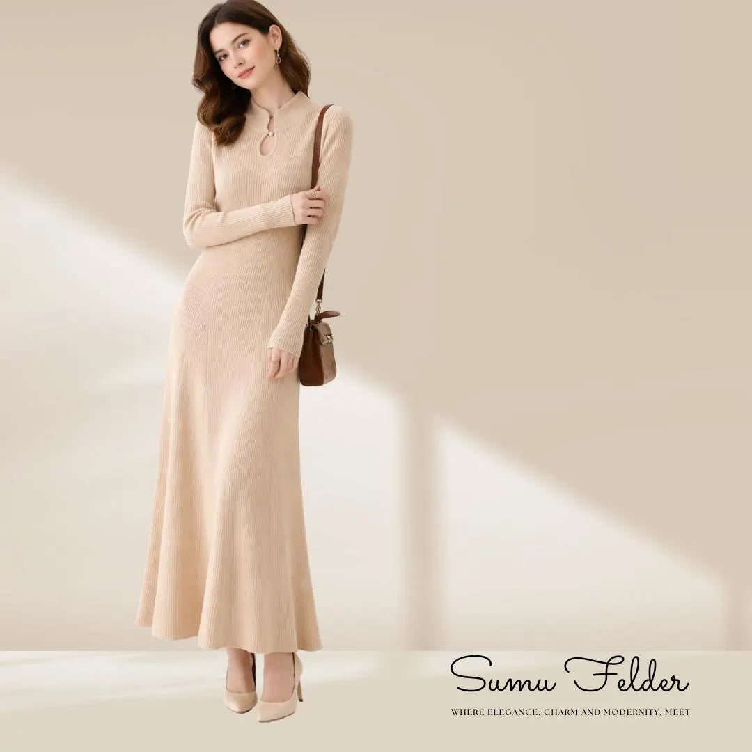 Merino Wool Knit Midi Dress: Elegant Long Sleeve Sweater Dress