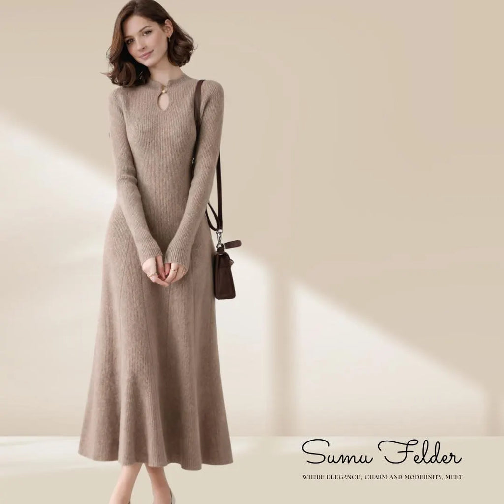 Merino Wool Knit Midi Dress: Elegant Long Sleeve Sweater Dress