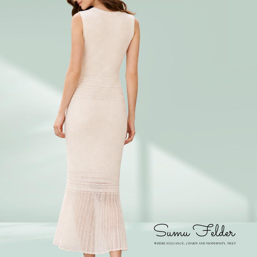 Cotton Rich Sleeveless Knitted Summer Dress, Elegant Resort Wear Vacation Outfit