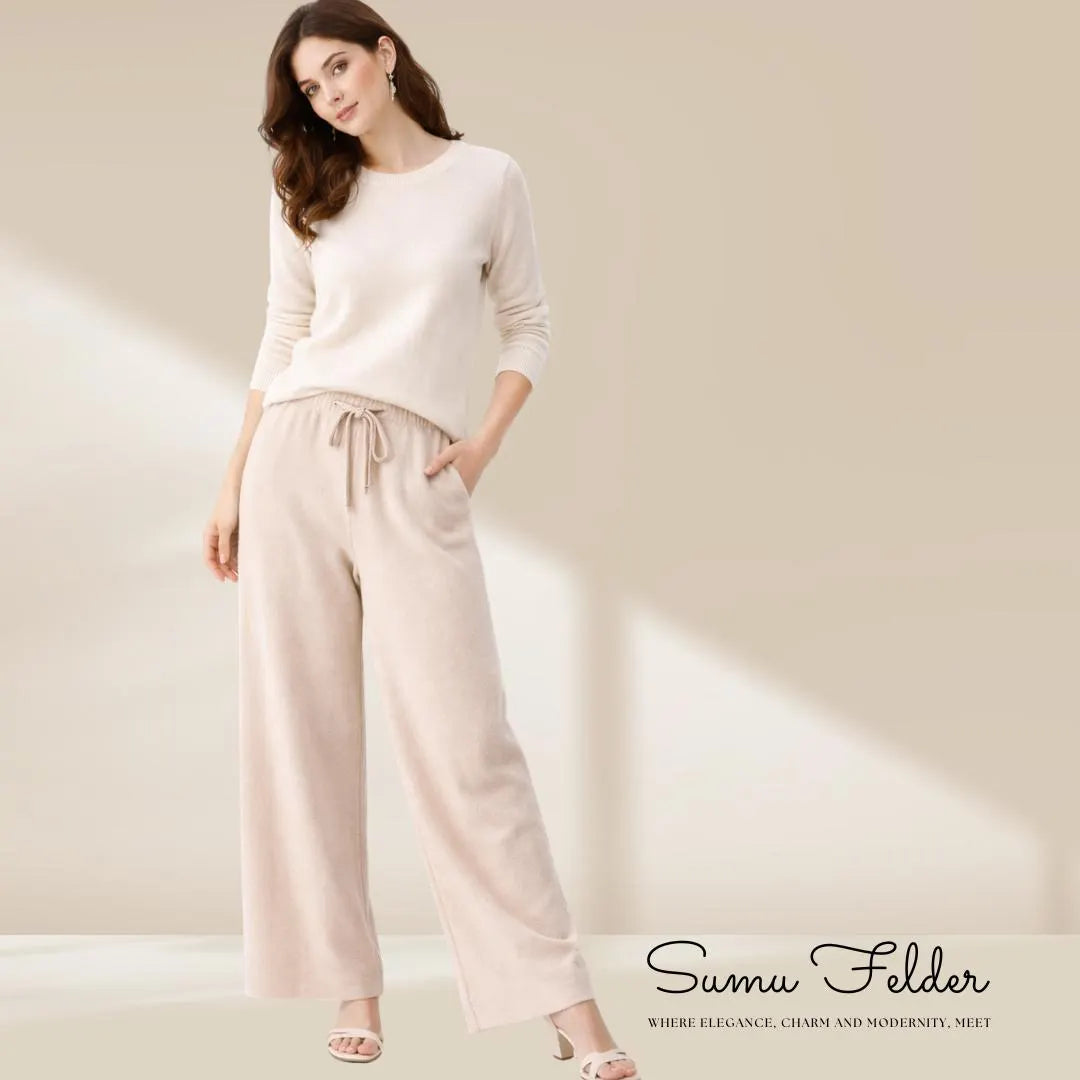 Cozy Wool Knitted Wide Leg Pants for Women | High Waist Winter Lounge Trousers | Minimalist Comfy Knitwear Bottoms for Everyday Style