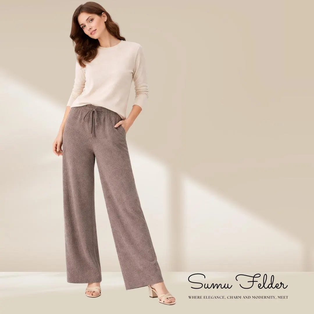 Cozy Wool Knitted Wide Leg Pants for Women | High Waist Winter Lounge Trousers | Minimalist Comfy Knitwear Bottoms for Everyday Style