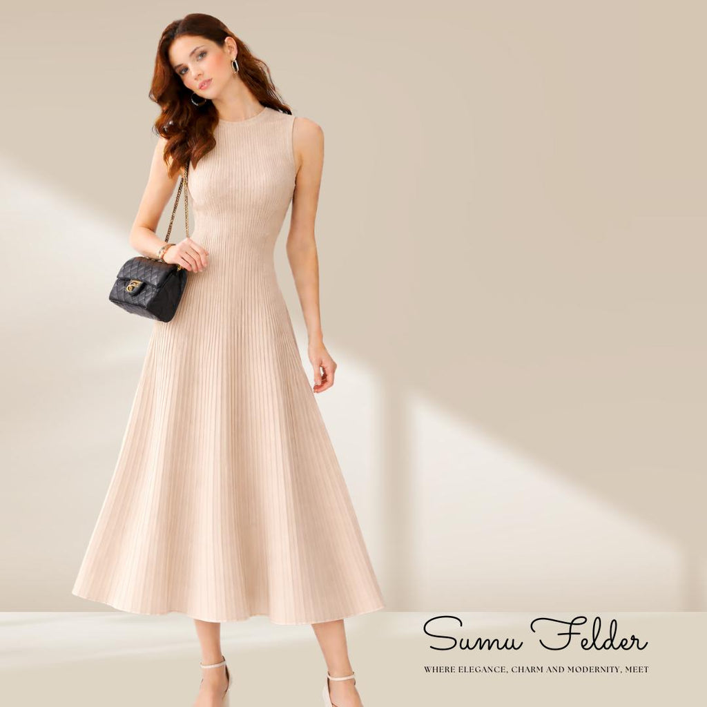 Spring Summer Merino Wool Sleeveless Dress – Lightweight Knit A-LineDress, Pleated Skirt, Soft Cashmere Feel Women’s  dress