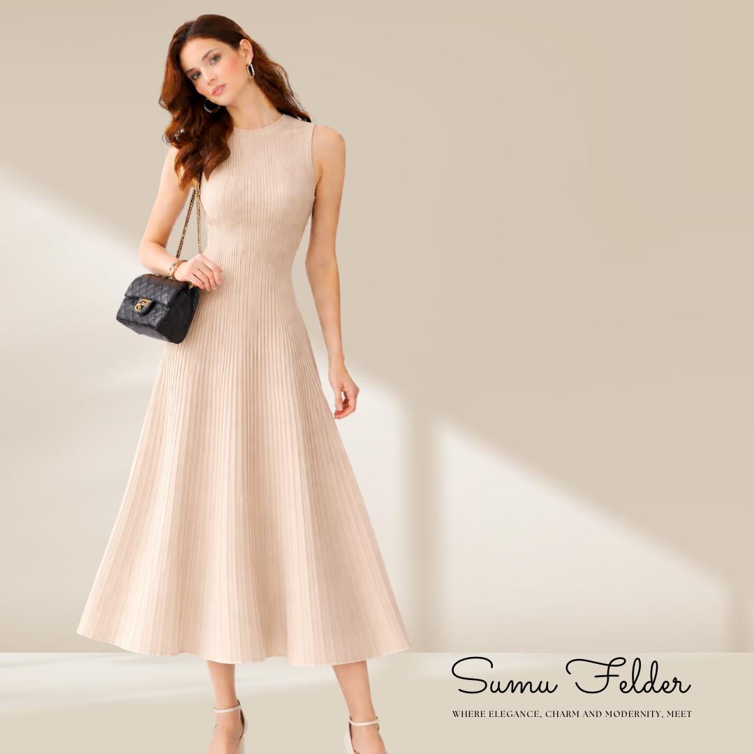 Spring Summer Merino Wool Sleeveless Dress – Lightweight Knit A-LineDress, Pleated Skirt, Soft Cashmere Feel Women’s  dress