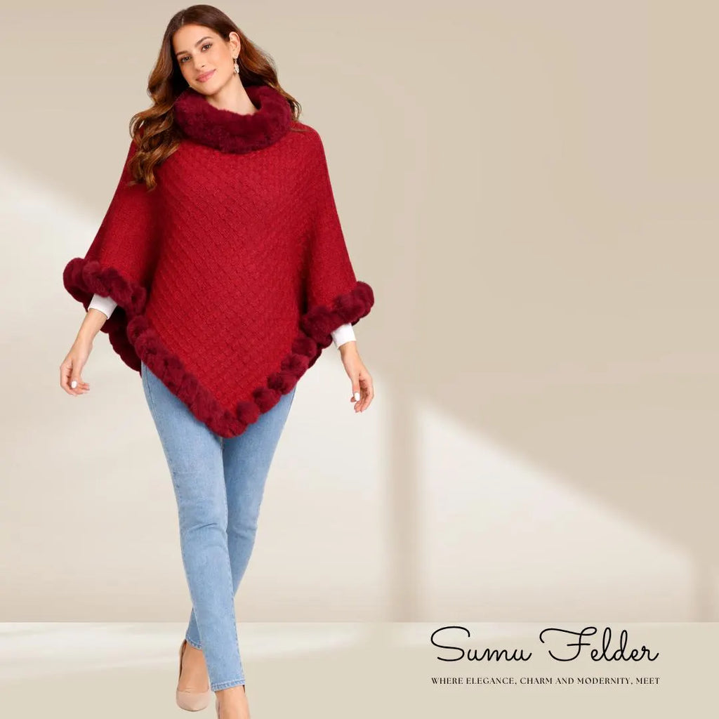 Knitted Poncho: Faux Fur Trim, Cozy Winter Shawl