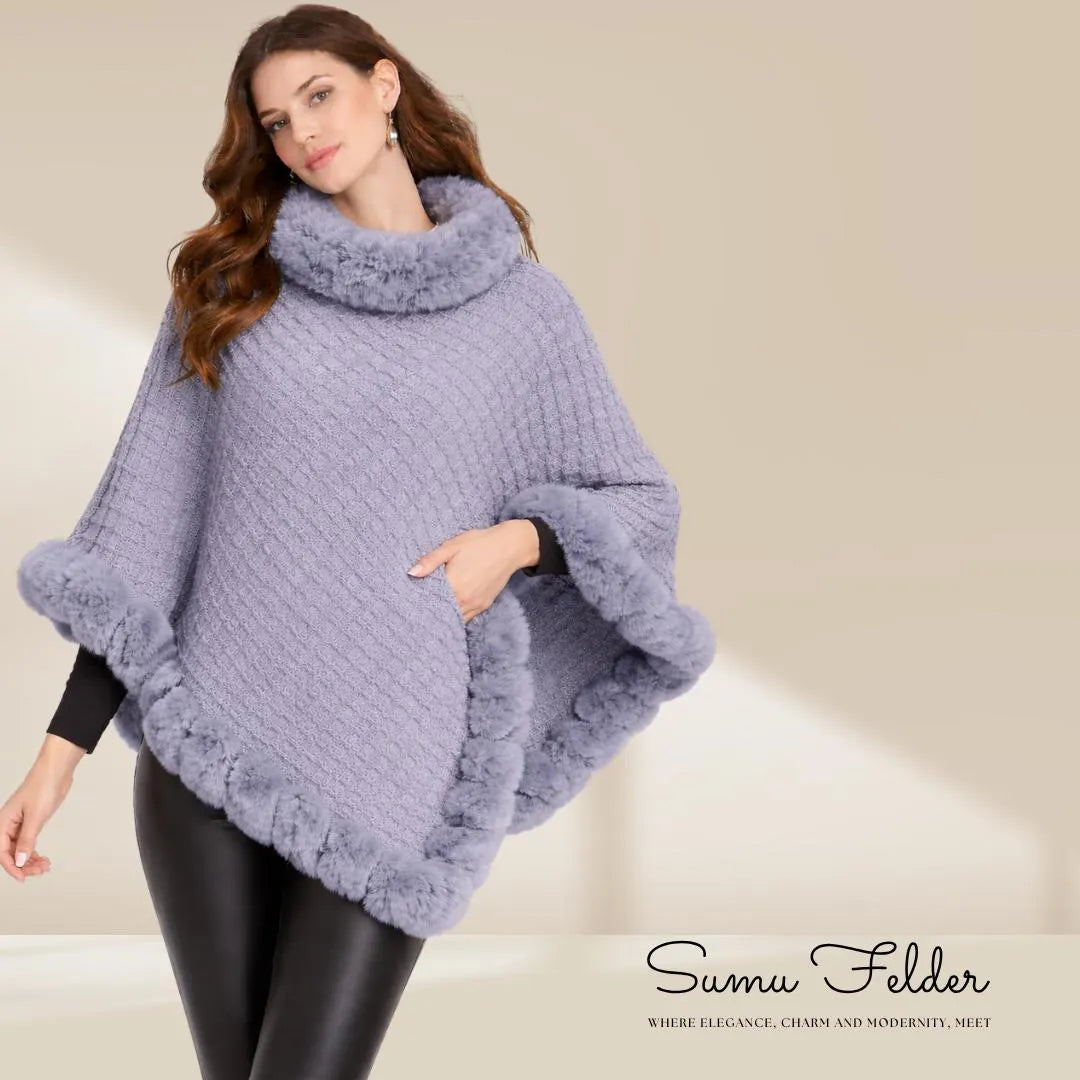 Knitted Poncho: Faux Fur Trim, Cozy Winter Shawl