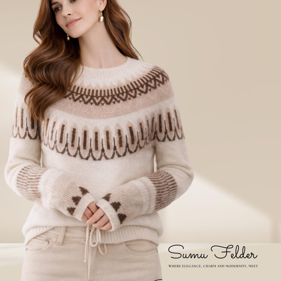 Elegant Cashmere Knitted Sweater for Women | Soft Winter Pullover with Nordic Pattern | Cozy Warm Knitwear for Stylish Cold-Weather Outfits