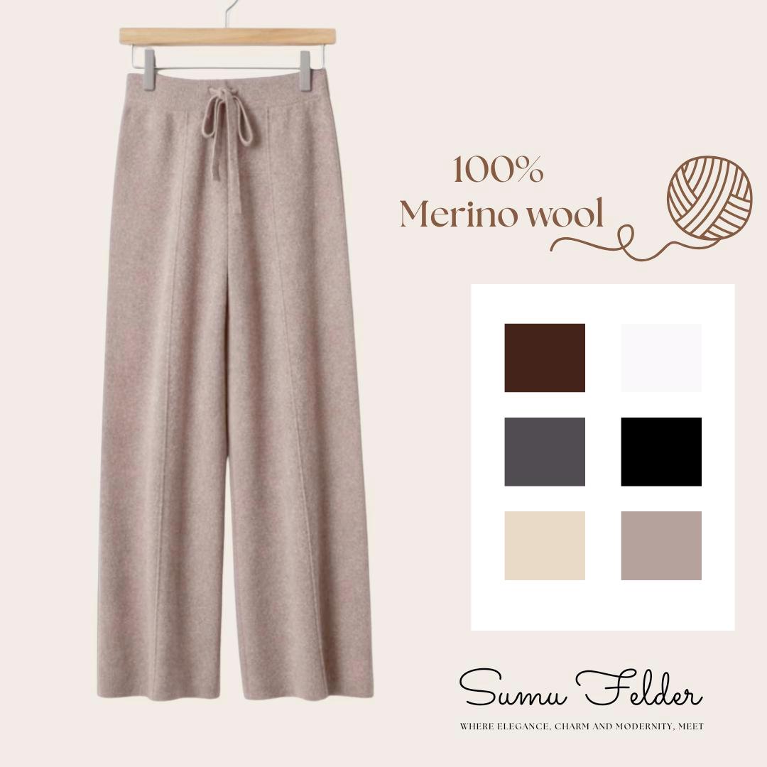 Elegant Merino Wool Wide Leg Pants for Women | Soft Knit Lounge Trousers with Drawstring Waist | Cozy Winter Fashion