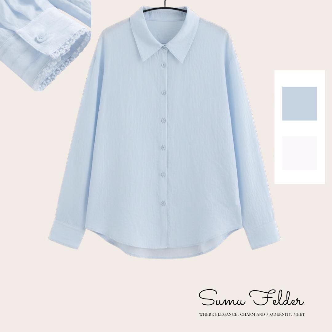 Summer Women’s Lace Trim Blouse, Lightweight Long Sleeve Sun Protection Shirt, Elegant Casual Soft Top