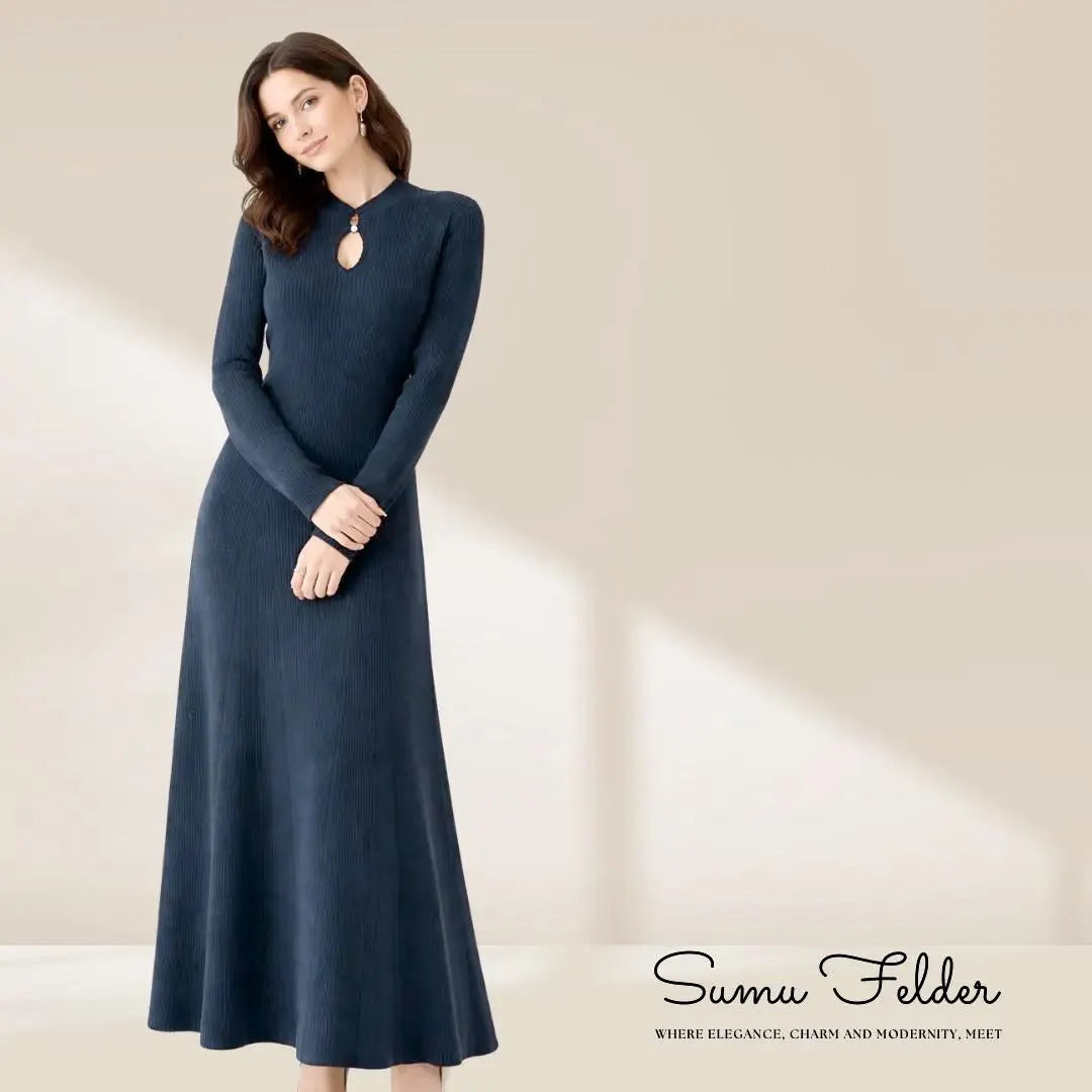 Merino Wool Knit Midi Dress: Elegant Long Sleeve Sweater Dress