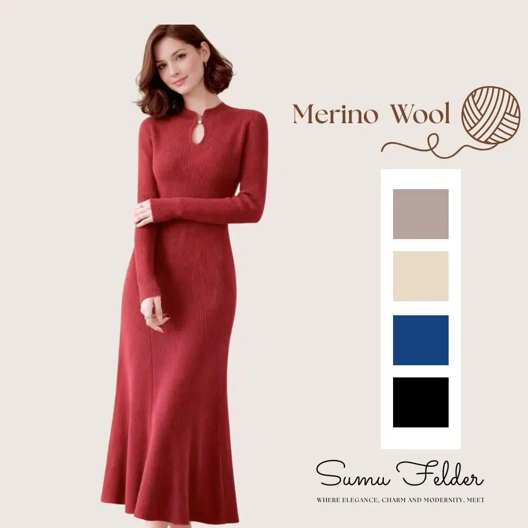 Merino Wool Knit Midi Dress: Elegant Long Sleeve Sweater Dress