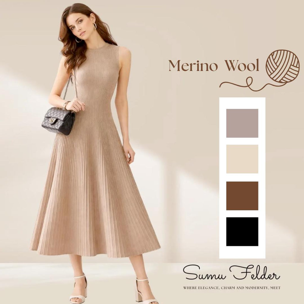 Spring Summer Merino Wool Sleeveless Dress – Lightweight Knit A-LineDress, Pleated Skirt, Soft Cashmere Feel Women’s  dress