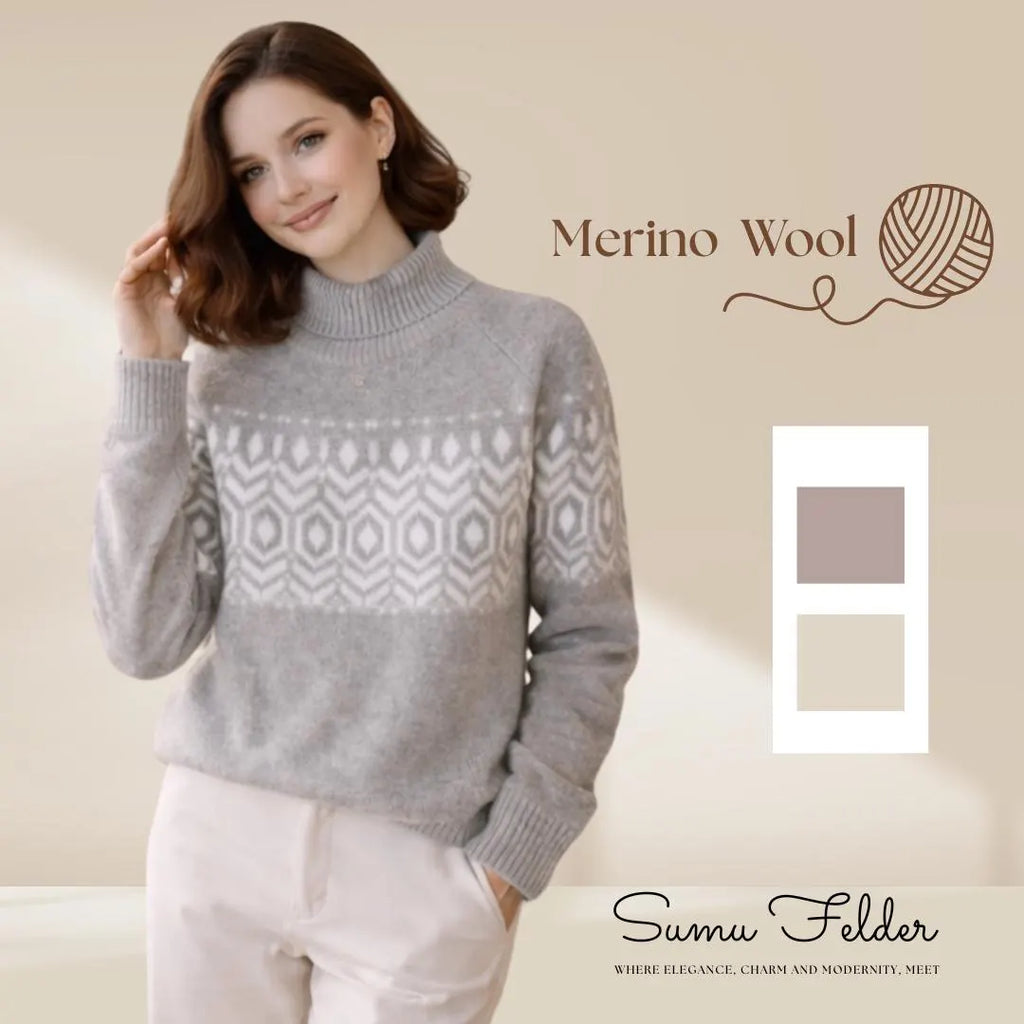 Merino Wool Knitted Nordic Sweater for Women |Turtleneck