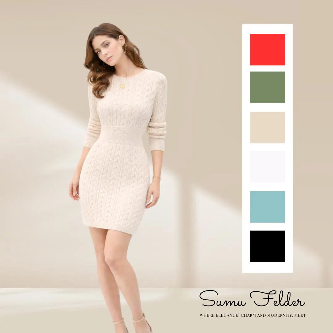 Cable Knit Sweater Dress: Long Sleeve Slim Fit, Crew Neck