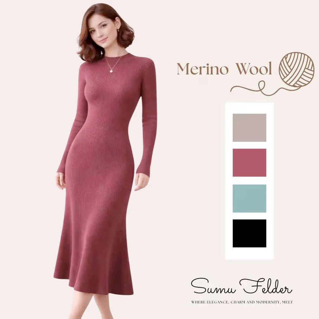 Merino Wool Knit Dress: Elegant Long Sleeve Autumn Outfit