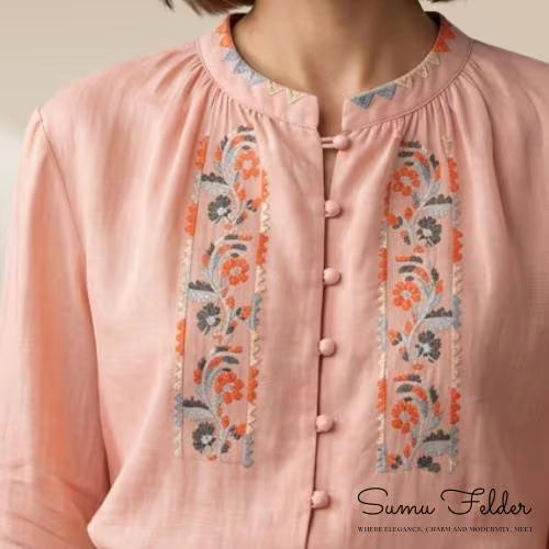 Embroidered Floral Cotton Linen Blouse for Women | Boho Chic Long Sleeve Button Down Top