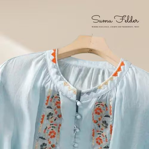 Embroidered Floral Cotton Linen Blouse for Women | Boho Chic Long Sleeve Button Down Top