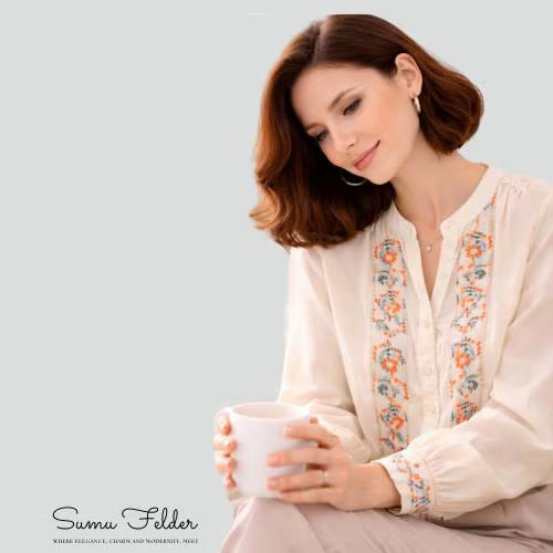 Embroidered Floral Cotton Linen Blouse for Women | Boho Chic Long Sleeve Button Down Top