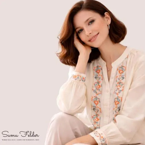 Embroidered Floral Cotton Linen Blouse for Women | Boho Chic Long Sleeve Button Down Top