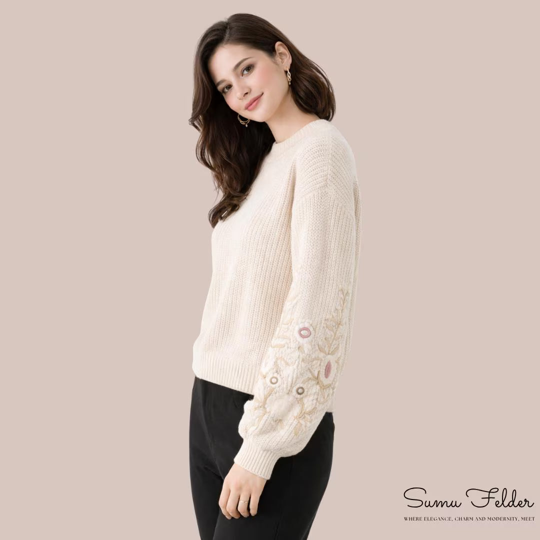 Embroidered Knit Sweater: Women's Floral Sleeve Pullover - Autumn Winter Fashion