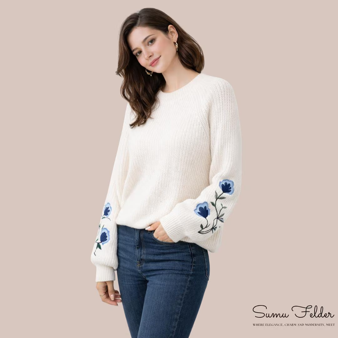 Embroidered Knit Sweater: Women's Floral Sleeve Pullover - Autumn Winter Fashion