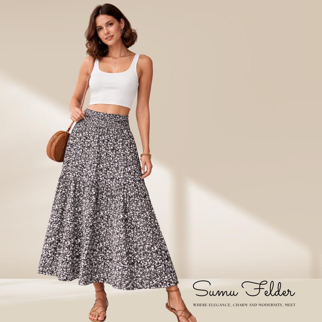 Summer Boho Skirt for Women – Long A-Line Floral Maxi Skirt, High Waisted, Flowy with Pockets, Holiday Outfit