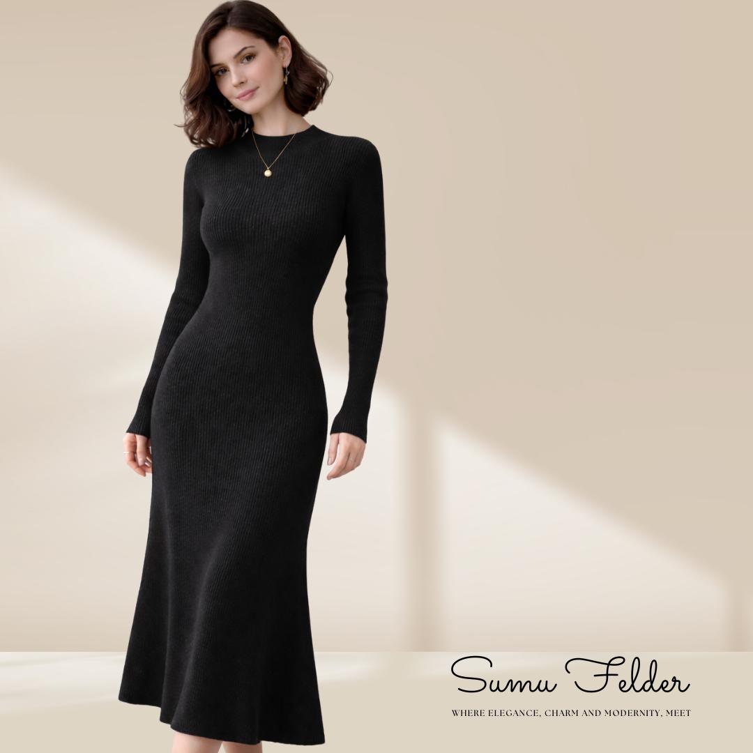 Merino Wool Knit Dress: Elegant Long Sleeve Autumn Outfit